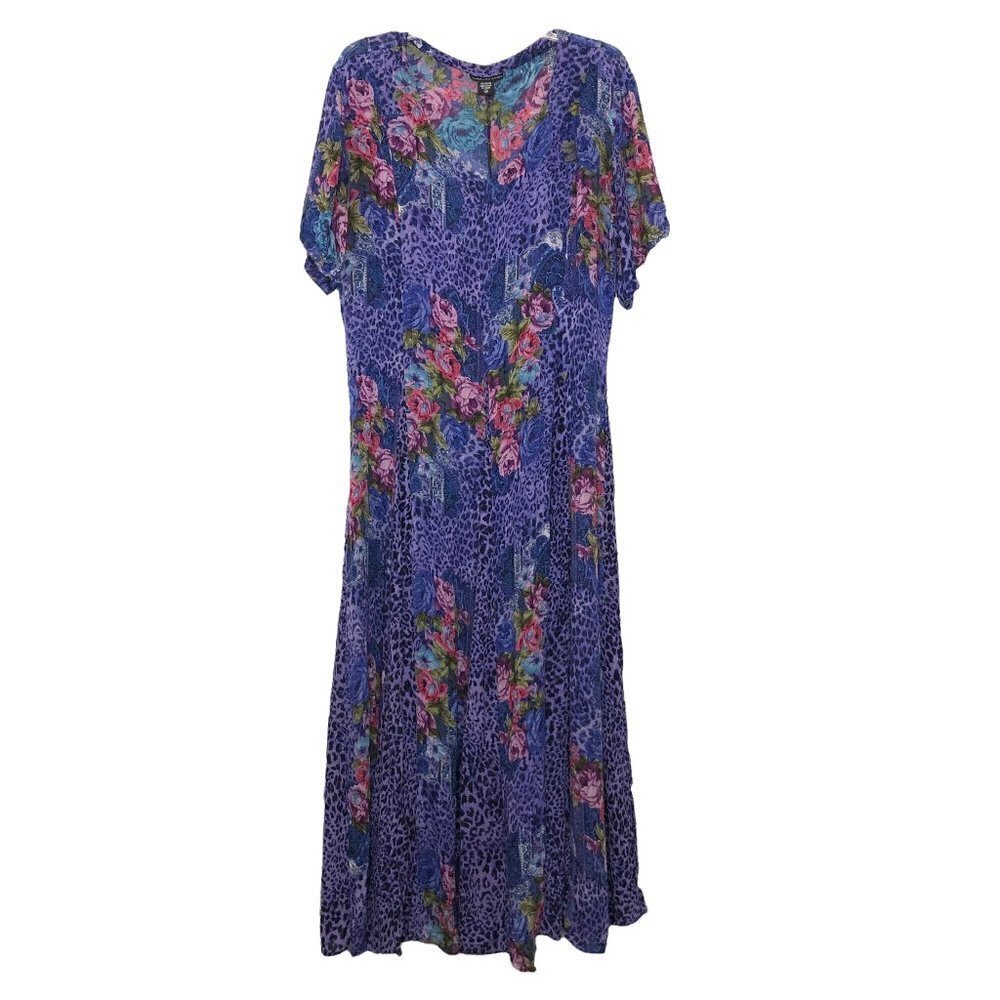 𝅺vintage AMERICAN ANGEL Maxi Dress Purple & Pink Floral/Leopard Gauze - Size M
